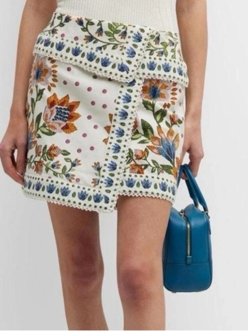 Farm Rio Wrap effect floral print cotton mini skirt lace trim